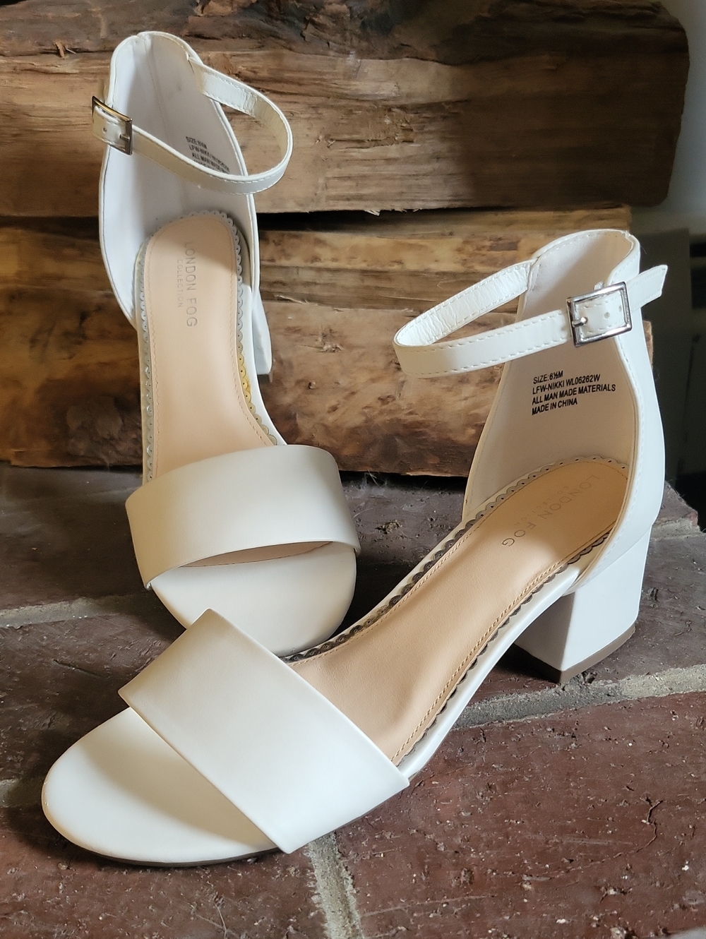 London Fog White Block Heel Sandals with Ankle Strap